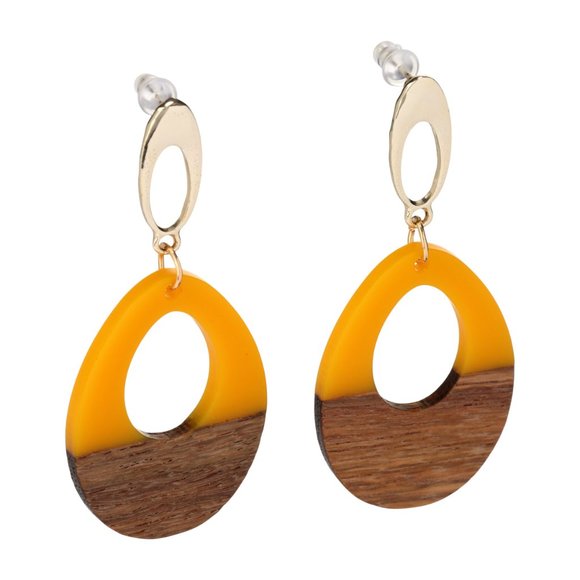 Yellow Wooden Geometric Teardrop Earrings - Acrylic Resin Lightweight Wood - Picture 4 of 4